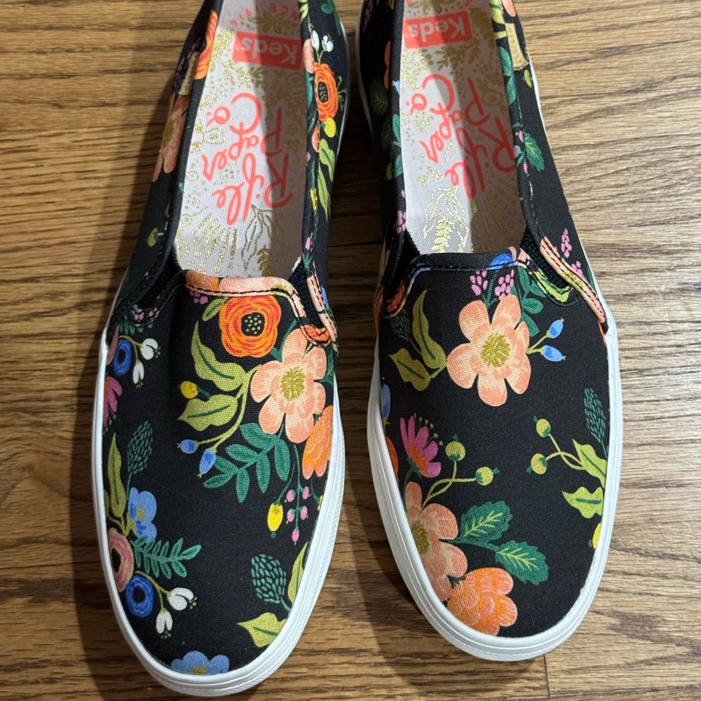 Keds x Rifle Paper Co Women’s Black Floral Slip On Shoes Size 8 NWOT